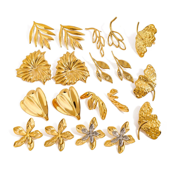 Wholesale Jewelry Stainless Steel Geometric Leaf Flower Hammered Electroplated Women's Earrings Ring