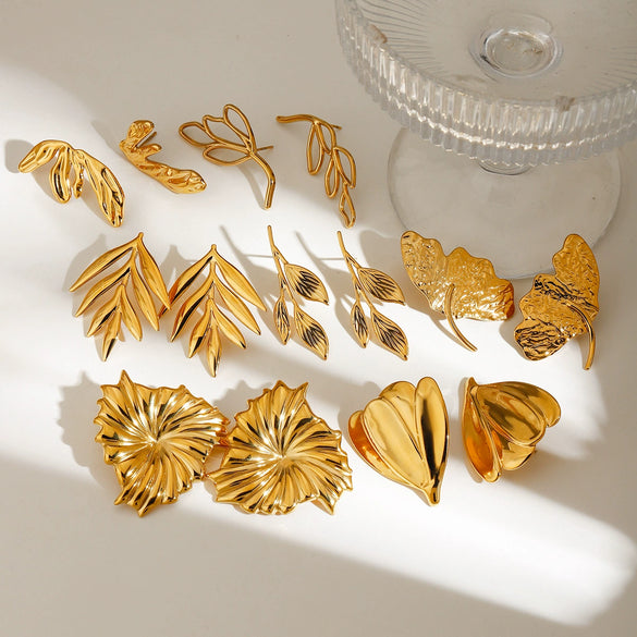 Wholesale Jewelry Stainless Steel Geometric Leaf Flower Hammered Electroplated Women's Earrings Ring