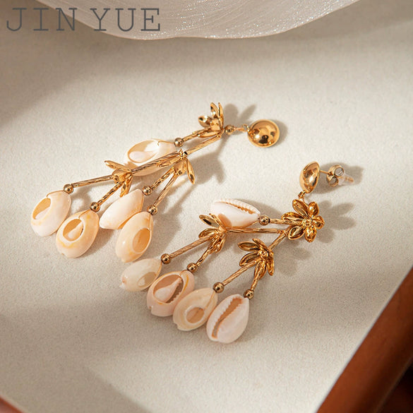Wholesale Jewelry Stainless Steel Geometric Long Shell Tassel String Earrings For Women Electroplated