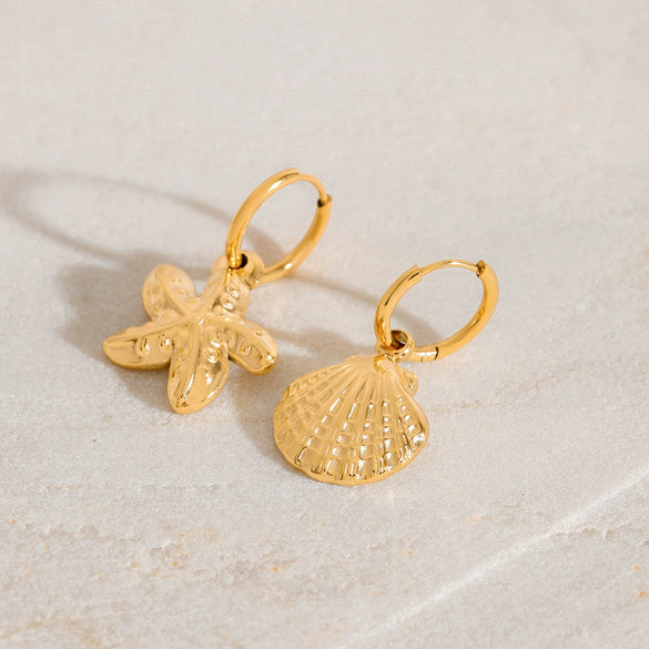 Wholesale Jewelry Stainless Steel Geometric Ocean Wind Hammer Pattern Shell Starfish Pendant Earrings Electroplated For Women