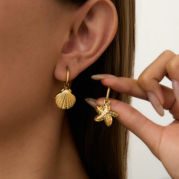 Wholesale Jewelry Stainless Steel Geometric Ocean Wind Hammer Pattern Shell Starfish Pendant Earrings Electroplated For Women
