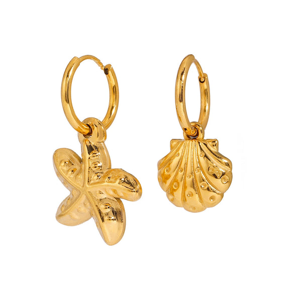 Wholesale Jewelry Stainless Steel Geometric Ocean Wind Hammer Pattern Shell Starfish Pendant Earrings Electroplated For Women