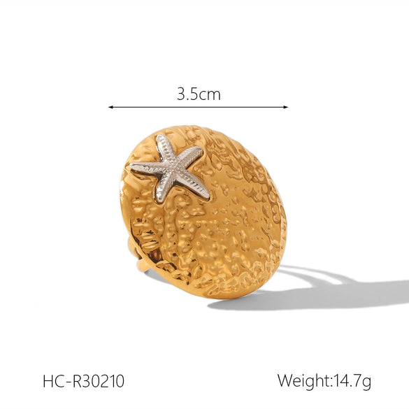 Wholesale Jewelry Stainless Steel Geometric Open Ring For Women With Hammering Pattern And Starfish Design Electroplated