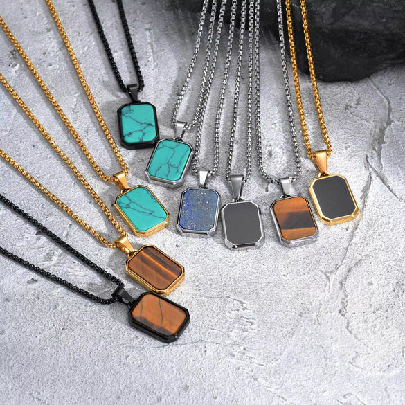 Wholesale Jewelry Stainless Steel Geometric Rectangular Turquoise Tiger Eye Lapis Pendant Necklace For Men Electroplated
