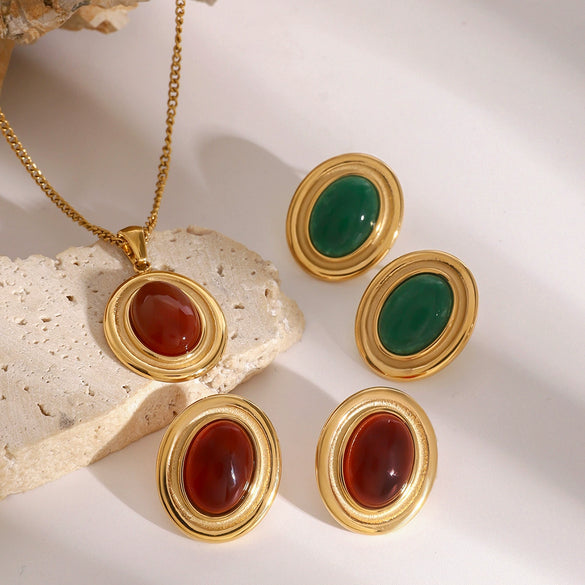 Wholesale Jewelry Stainless Steel Geometric Red Agate Electroplated Necklace And Earrings For Women