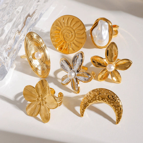 Wholesale Jewelry Stainless Steel Geometric Retro Exaggerated Flower Star Moon Pearl Ring Electroplated