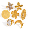 Wholesale Jewelry Stainless Steel Geometric Retro Exaggerated Flower Star Moon Pearl Ring Electroplated