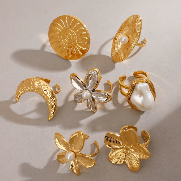 Wholesale Jewelry Stainless Steel Geometric Retro Exaggerated Flower Star Moon Pearl Ring Electroplated