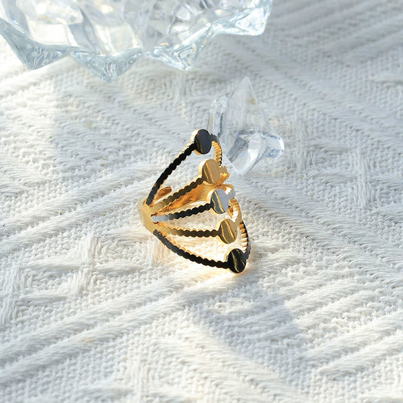 Wholesale Jewelry Stainless Steel Geometric Round Hollow Wide Face Ring Electroplated Retro Style Unisex