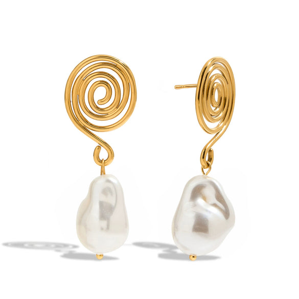 Wholesale Jewelry Stainless Steel Geometric Spiral Imitation Pearl Pendant Earrings With Electroplating For Women