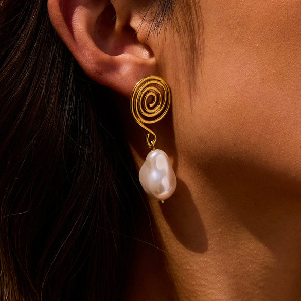 Wholesale Jewelry Stainless Steel Geometric Spiral Imitation Pearl Pendant Earrings With Electroplating For Women