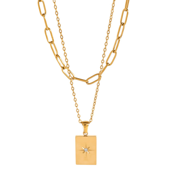 Wholesale Jewelry Stainless Steel Geometric Square Star Hollow Double Pendant Necklace Electroplated For Women