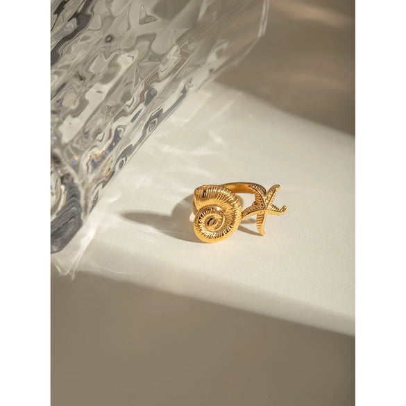 Wholesale Jewelry Stainless Steel Geometric Starfish Conch Opening Ring Electroplated Ocean Series