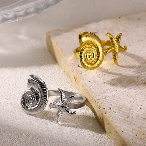 Wholesale Jewelry Stainless Steel Geometric Starfish Conch Opening Ring With Electroplating For Vacation Style