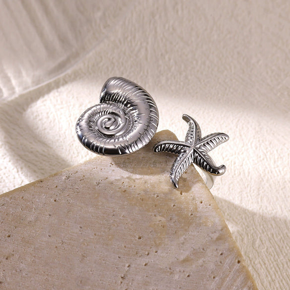 Wholesale Jewelry Stainless Steel Geometric Starfish Conch Opening Ring With Electroplating For Vacation Style