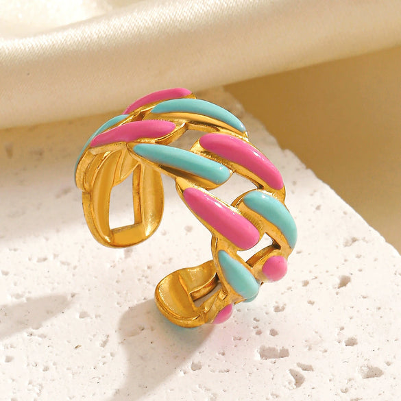 Wholesale Jewelry Stainless Steel Geometric Style Color Oil Dropping Chain Opening Ring Hip Hop Spring Jewelry For Women