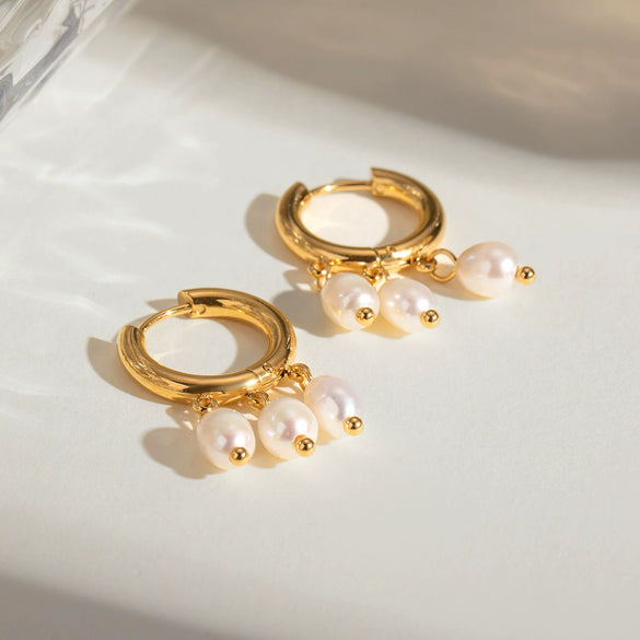 Wholesale Jewelry Stainless Steel Geometric Style Electroplated Women's Earrings With Three White Freshwater Pearls