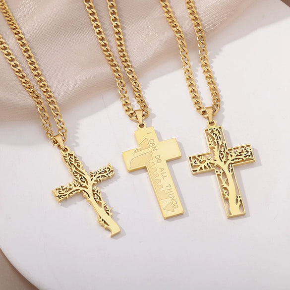 Wholesale Jewelry Stainless Steel Geometric Tree Of Life Cross Electroplated Pendant Necklace Unisex