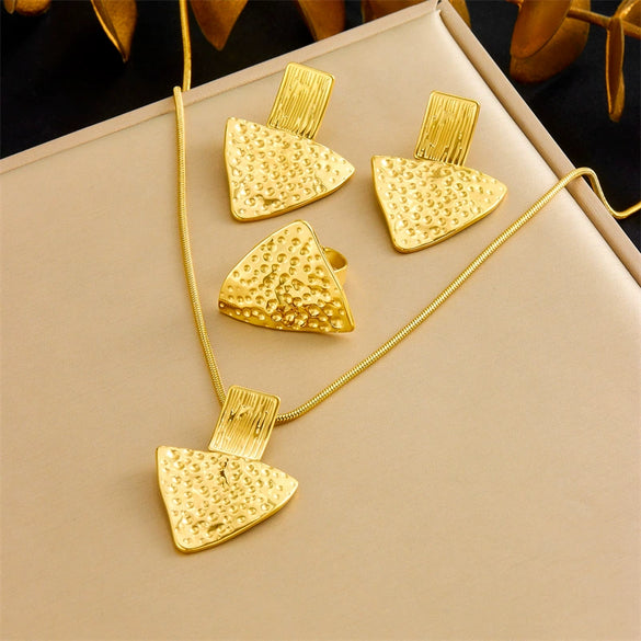 Wholesale Jewelry Stainless Steel Geometric Triangle Irregular Bump Electroplated Earrings Necklaces Rings Set For Women
