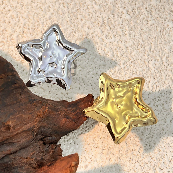 Wholesale Jewelry Stainless Steel Gold Plated Heart Pentagonal Star Opening Ring Natural Geometric Design