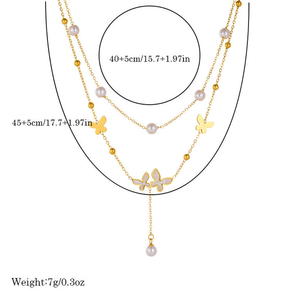 Wholesale Jewelry Stainless Steel Gold Plated Pearl Butterfly Chain Necklace Retro Simple Double Layer Stacked Fashion