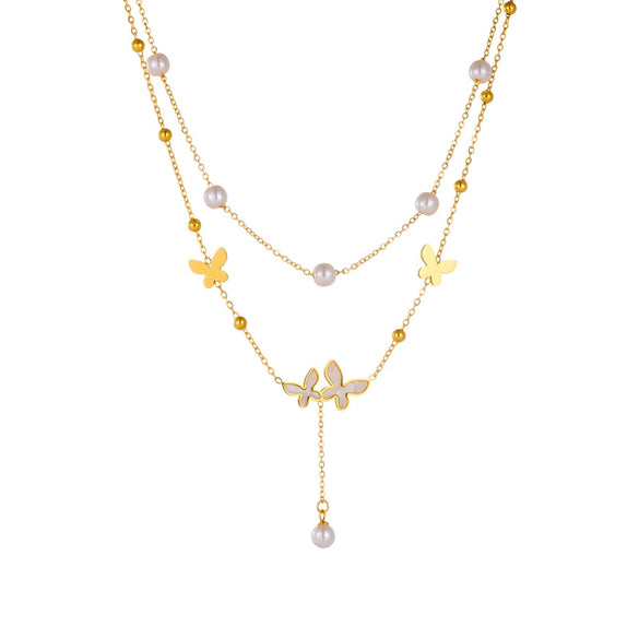 Wholesale Jewelry Stainless Steel Gold Plated Pearl Butterfly Chain Necklace Retro Simple Double Layer Stacked Fashion