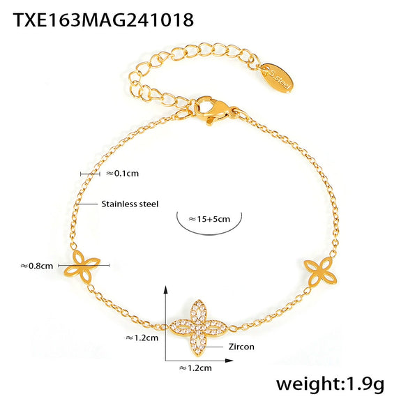 Wholesale Jewelry Stainless Steel Gold Plated Zircon Fourleaf Flower Doublelayer Necklace And Bracelet Set For Women