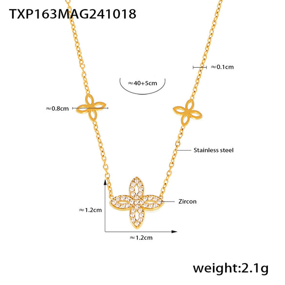 Wholesale Jewelry Stainless Steel Gold Plated Zircon Fourleaf Flower Doublelayer Necklace And Bracelet Set For Women