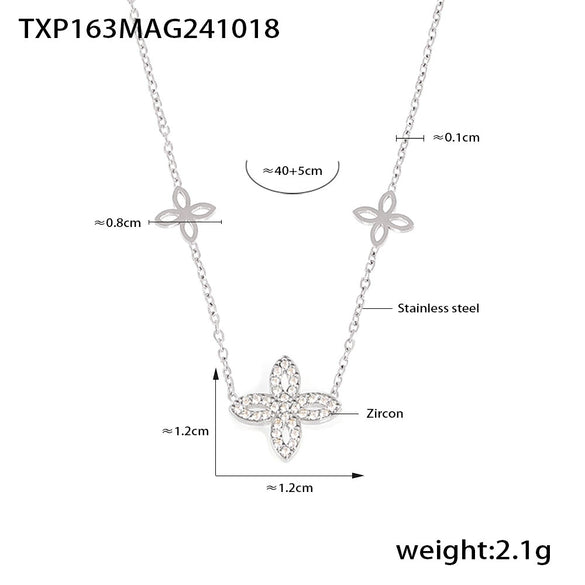 Wholesale Jewelry Stainless Steel Gold Plated Zircon Fourleaf Flower Doublelayer Necklace And Bracelet Set For Women
