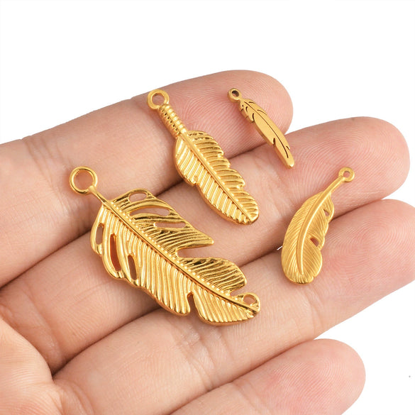 Wholesale Jewelry Stainless Steel Golden Feather Leaves Pendant Electroplated Accessories Necklace Earrings