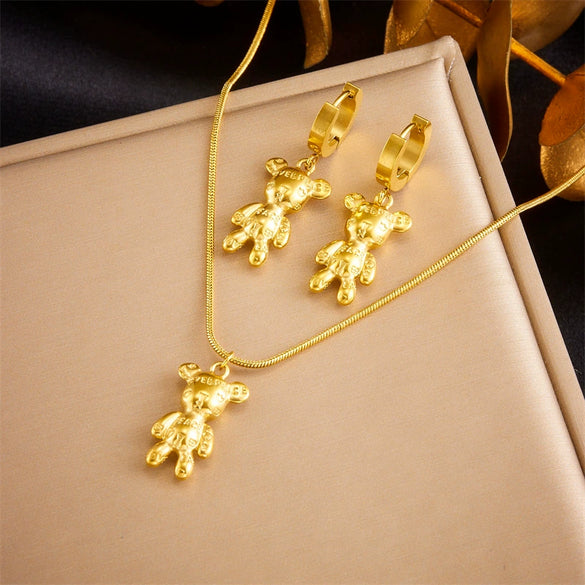 Wholesale Jewelry Stainless Steel Goldplated Cartoon Bear Pendant Chain Necklace Earrings Set