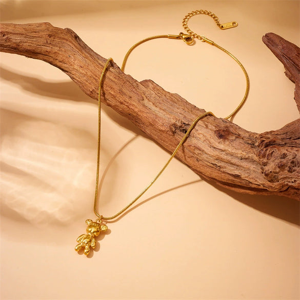 Wholesale Jewelry Stainless Steel Goldplated Cartoon Bear Pendant Chain Necklace Earrings Set