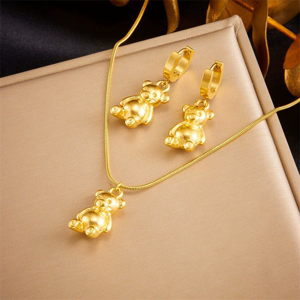 Wholesale Jewelry Stainless Steel Goldplated Cartoon Cute Bear Pendant Earrings And Necklace Twopiece Set