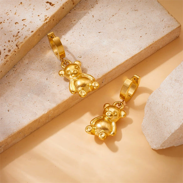 Wholesale Jewelry Stainless Steel Goldplated Cartoon Cute Bear Pendant Earrings And Necklace Twopiece Set