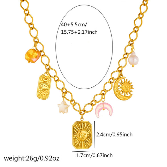 Wholesale Jewelry Stainless Steel Goldplated Geometric Embossed Sun And Moon Clavicle Chain For Women
