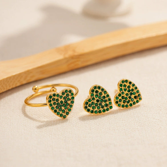 Wholesale Jewelry Stainless Steel Green Diamond Geometric Heart Style Electroplating Women's Ring And Earrings