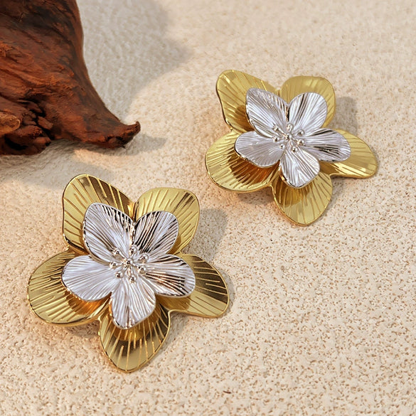 Wholesale Jewelry Stainless Steel Heart Geometric Style Electroplating Doublelayer Gold And Silver Color Matching Earrings And Ring For Couple