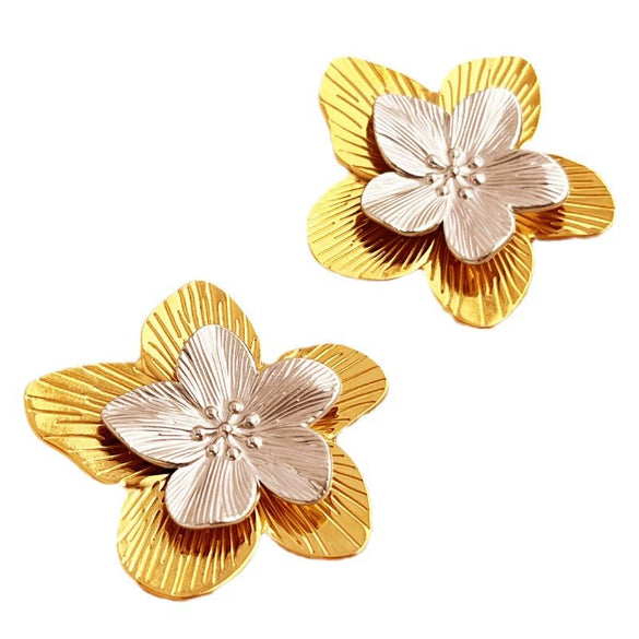 Wholesale Jewelry Stainless Steel Heart Geometric Style Electroplating Doublelayer Gold And Silver Color Matching Earrings And Ring For Couple