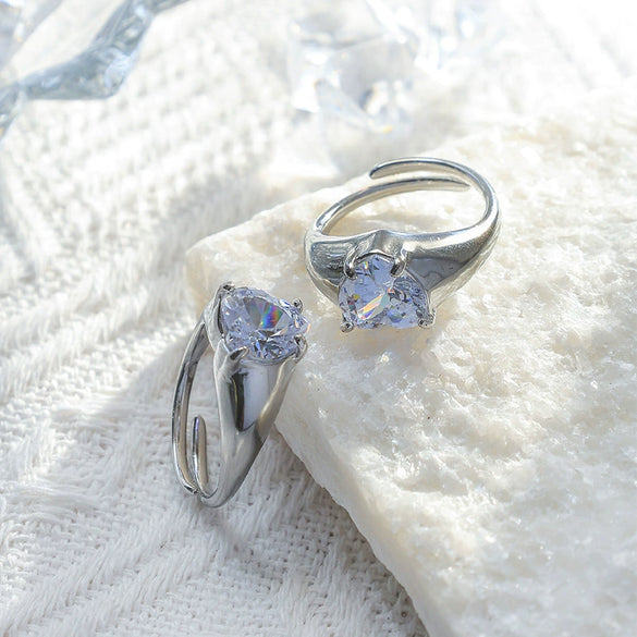 Wholesale Jewelry Stainless Steel Heart Shape Geometric Zircon Opening Ring For Women