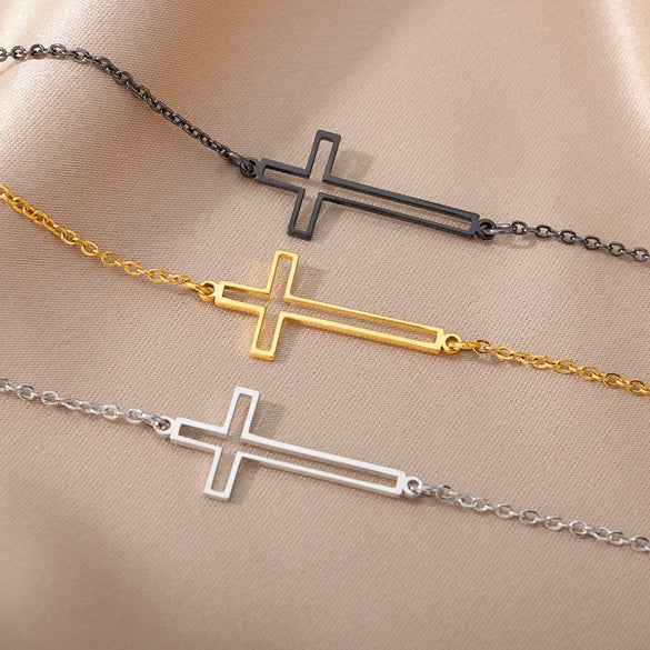 Wholesale Jewelry Stainless Steel Hollow Cross Unisex Bracelet With Letters Numbers Text Electroplating