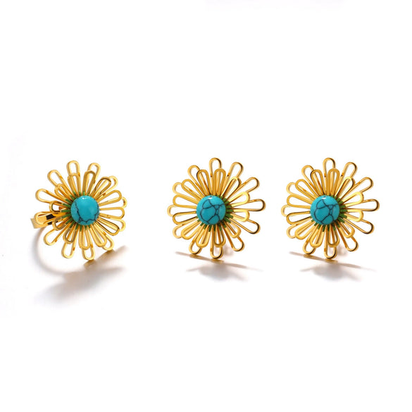 Wholesale Jewelry Stainless Steel Hollow Flower Electroplating Women's Plant Flowers Style Earrings Ring