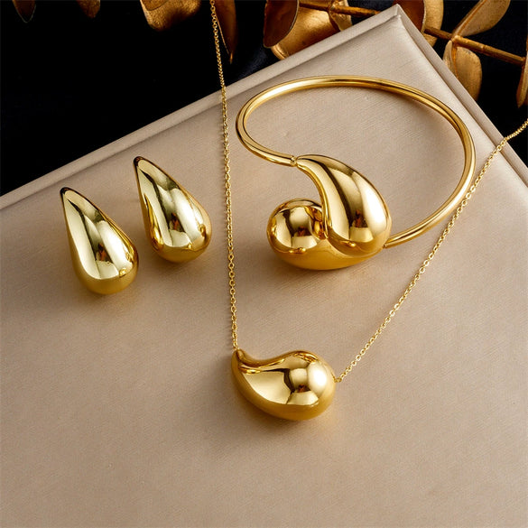 Wholesale Jewelry Stainless Steel Hollow Water Drop Pendant Electroplated Ladies Accessories Bracelet Earrings Necklace