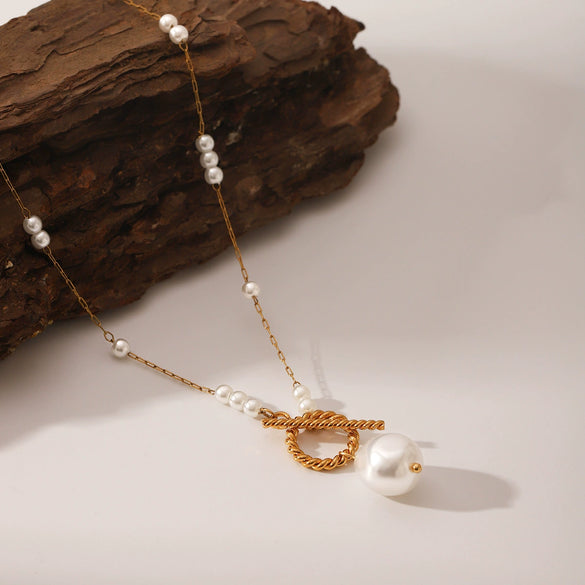 Wholesale Jewelry Stainless Steel Imitation Pearl Geometric Pendant Necklace With Electroplating For Women