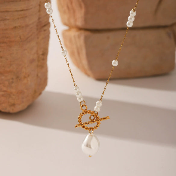 Wholesale Jewelry Stainless Steel Imitation Pearl Geometric Pendant Necklace With Electroplating For Women