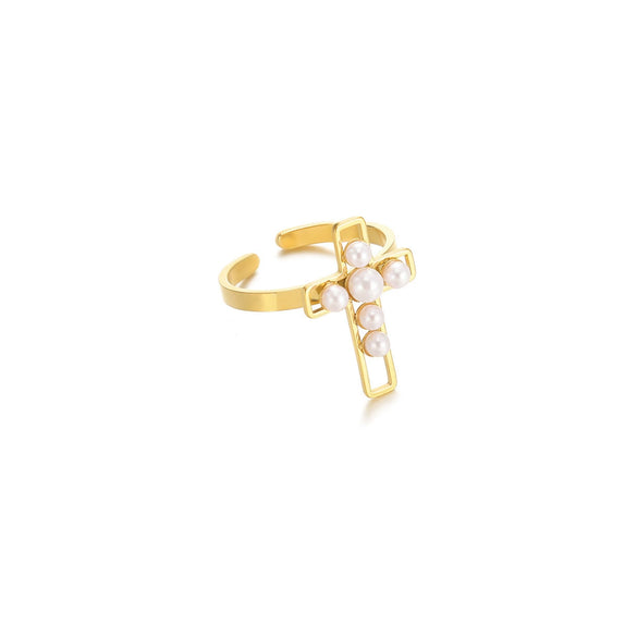 Wholesale Jewelry Stainless Steel Imitation Pearl Inlaid 18K Goldplated Geometric Ring With Cross Devil Gun Design