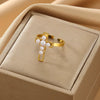 Wholesale Jewelry Stainless Steel Imitation Pearl Inlaid 18K Goldplated Geometric Ring With Cross Devil Gun Design