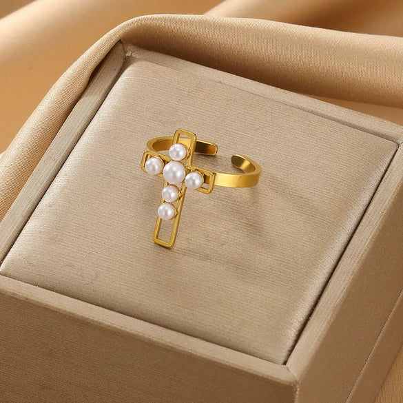 Wholesale Jewelry Stainless Steel Imitation Pearl Inlaid 18K Goldplated Geometric Ring With Cross Devil Gun Design