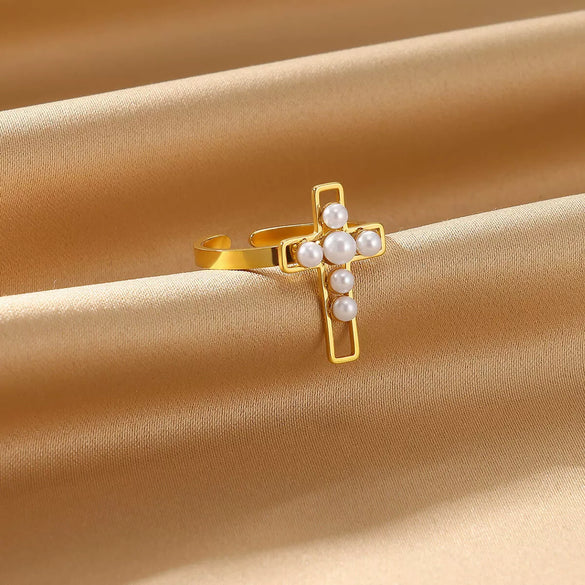 Wholesale Jewelry Stainless Steel Imitation Pearl Inlaid 18K Goldplated Geometric Ring With Cross Devil Gun Design
