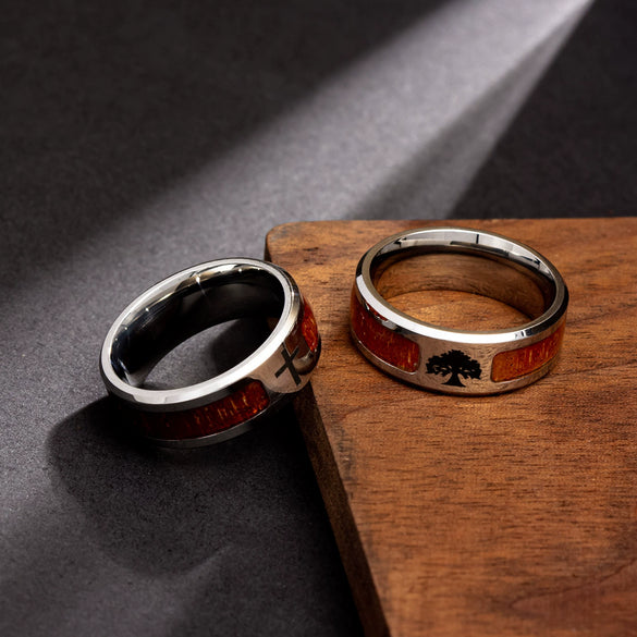 Wholesale Jewelry Stainless Steel Inlaid Acacia Wood Grain Geometric Half Tree Tree Of Life Cross Ring Dripping Oil Style