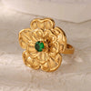 Wholesale Jewelry Stainless Steel Inlaid Green Zircon Geometric French Retro Style Electroplated Ring For Women